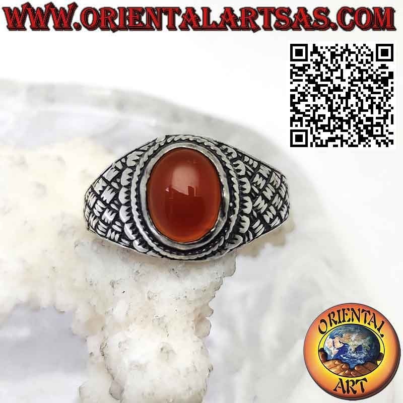Silver ring with oval cabochon carnelian rhomboid weaving engraved on the sides