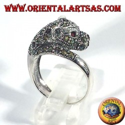 bague en argent, tigre avec marcassite et rubis yeux