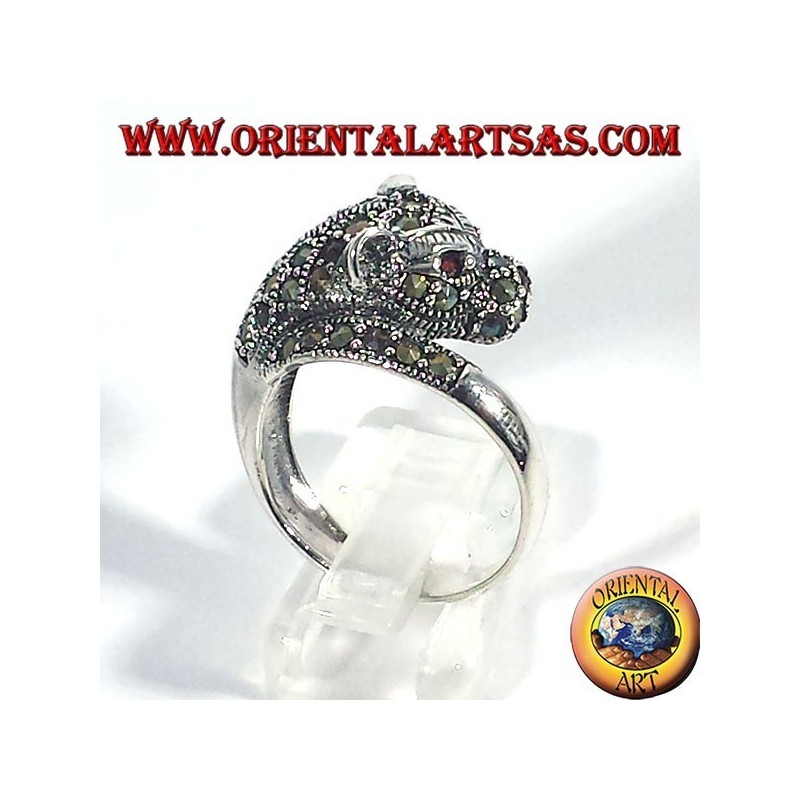 Anello d'argento Tigre con marcasite ed occhi di rubino