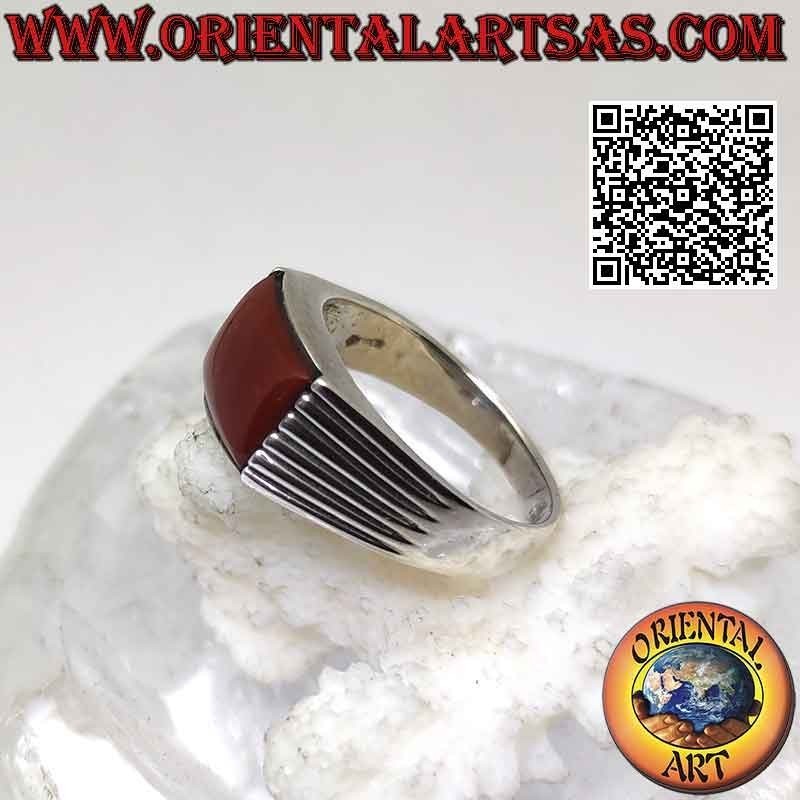 Silver ring with horizontal rectangular carnelian and five parallel lines engraved on the sides