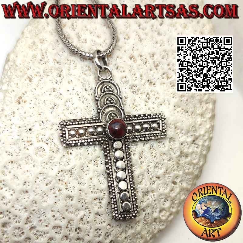 Silver Latin cross pendant with central round red jasper and rounded decorations