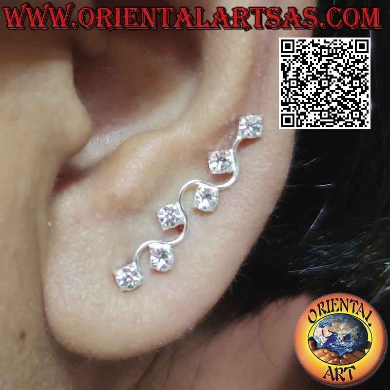 Wave climber earring in silver with set round white zircons