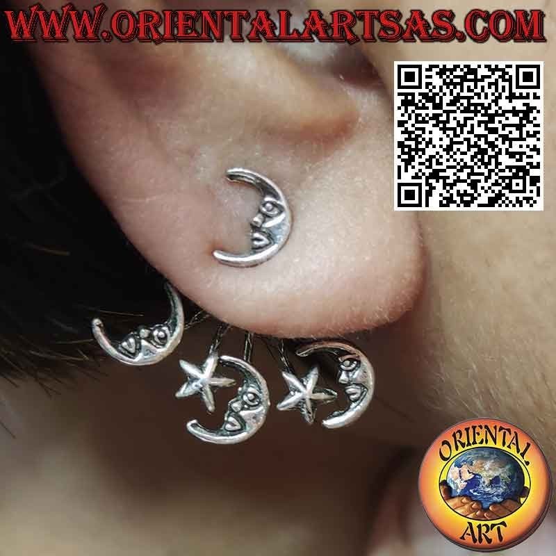 Fan silver climbing (climber) earring, moon and star