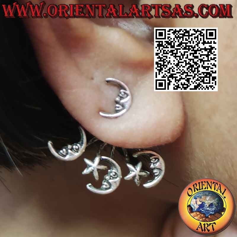 Orecchino in argento rampicante (climber) a ventaglio, la luna e la stella