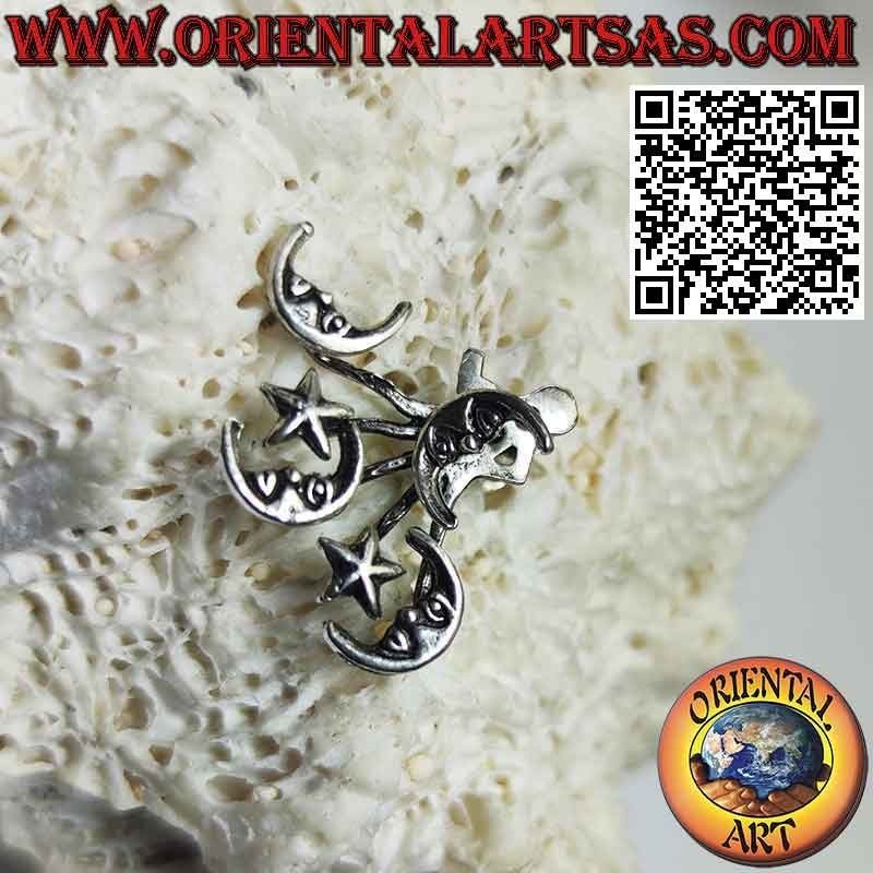 Boucle d'oreille d'escalade (grimpeur) en argent éventail, lune et étoile