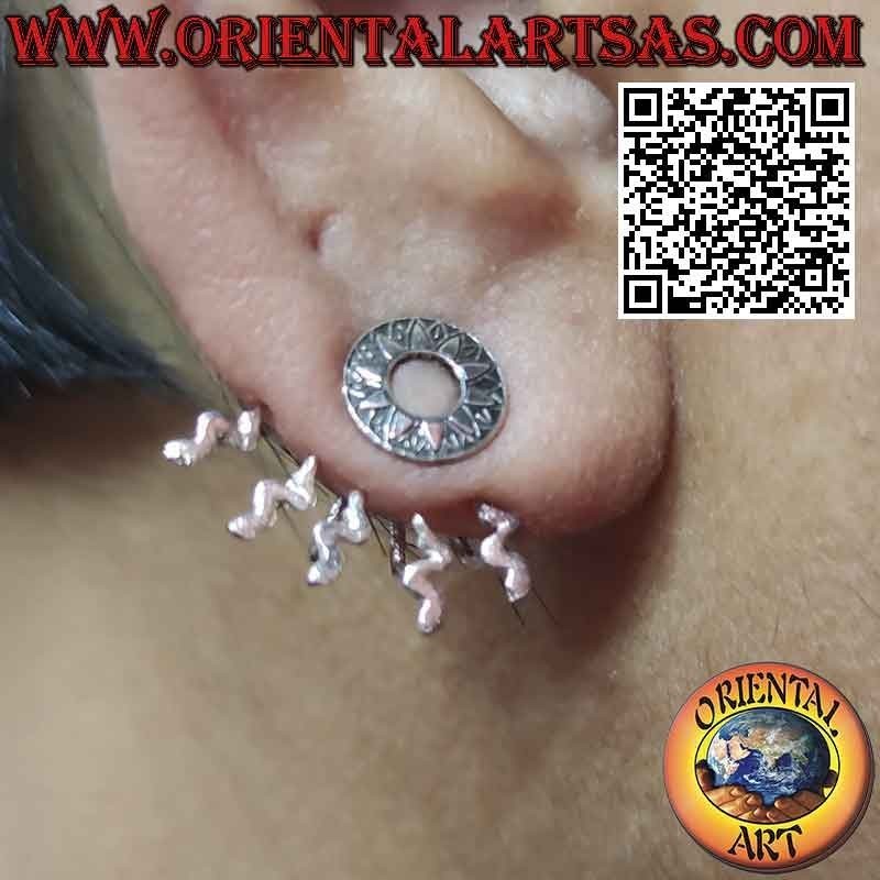 Boucle d'oreille argentée grimpante en forme d'éventail (grimpeur), le soleil maya
