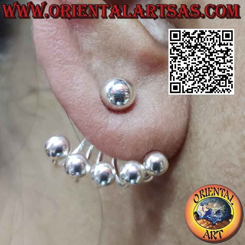 Boucle d'oreille argentée grimpante en forme d'éventail (grimpeur), boules lisses