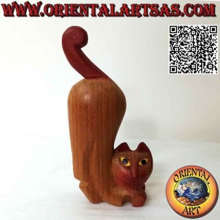 Thai cat sculpture in alert position, in teak wood