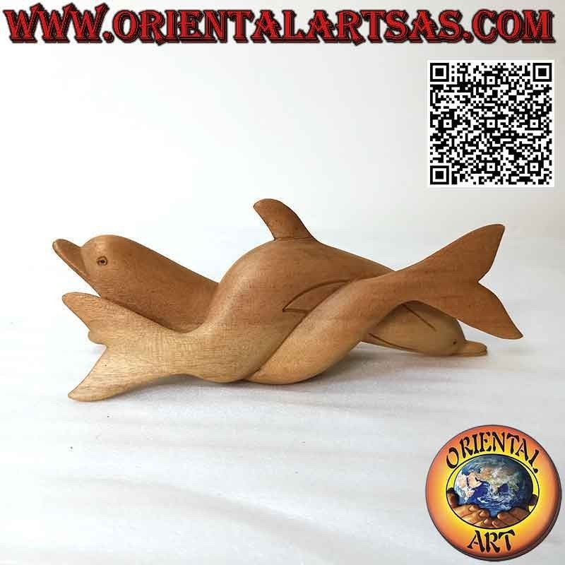 Sculpture of a pair of dolphins intertwined with each other in 20 cm hibiscus wood