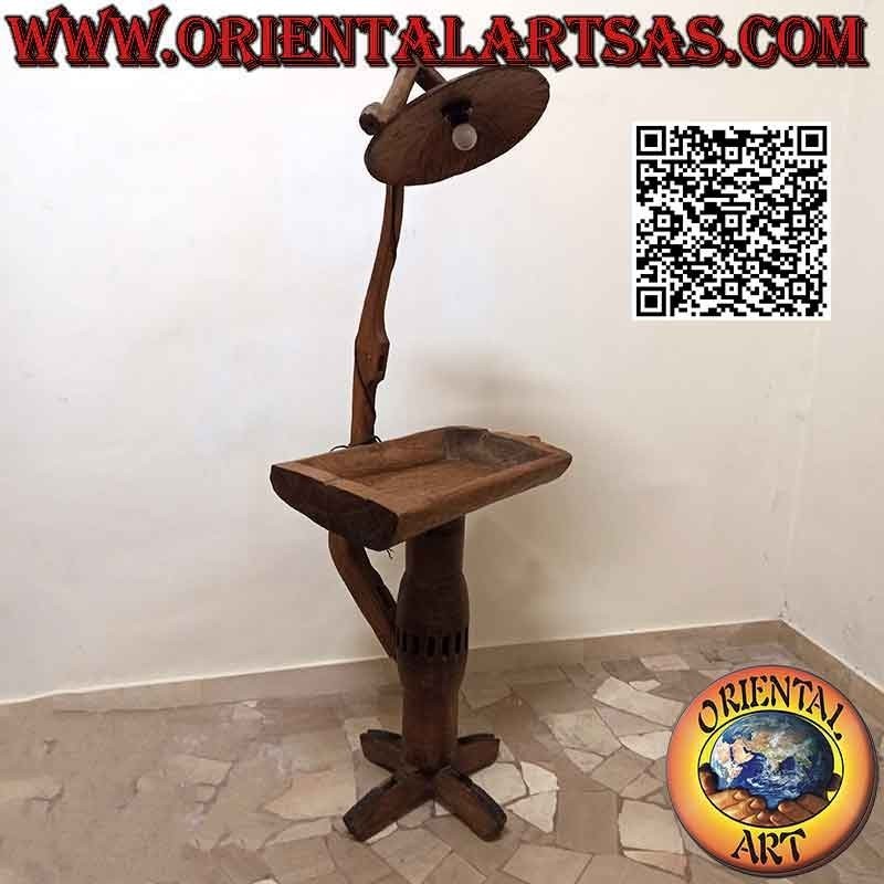 Hooded floor lamp with attached table made with ancient solid wood wagon hubs