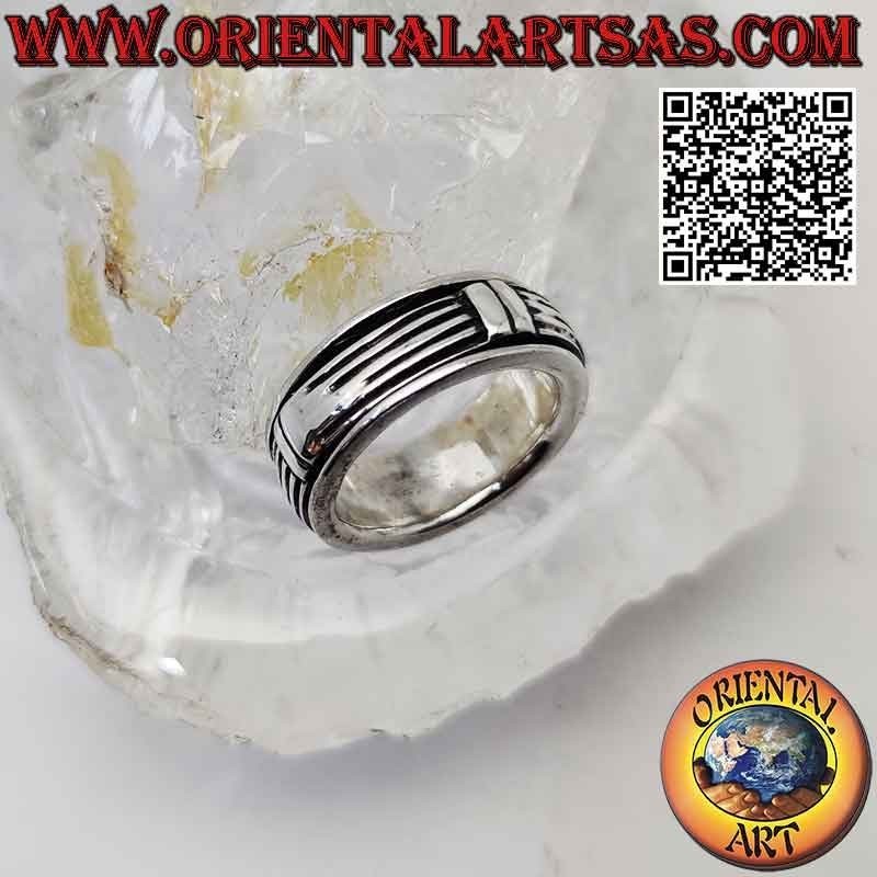 Silver antistress band ring with horizontal lines with vertical joints