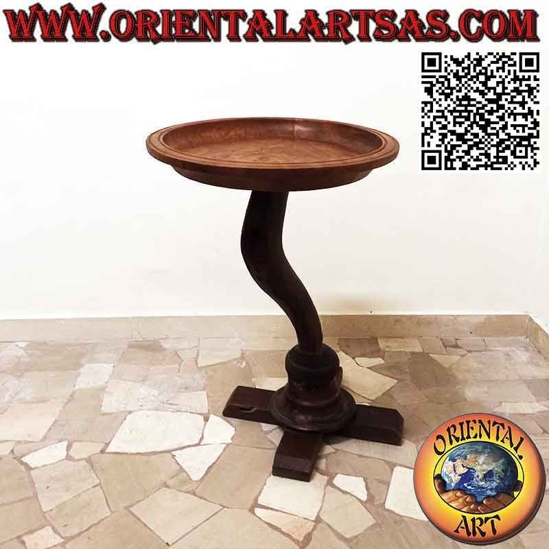 Round coffee table with decentralized top on curved axis in antique teak wood