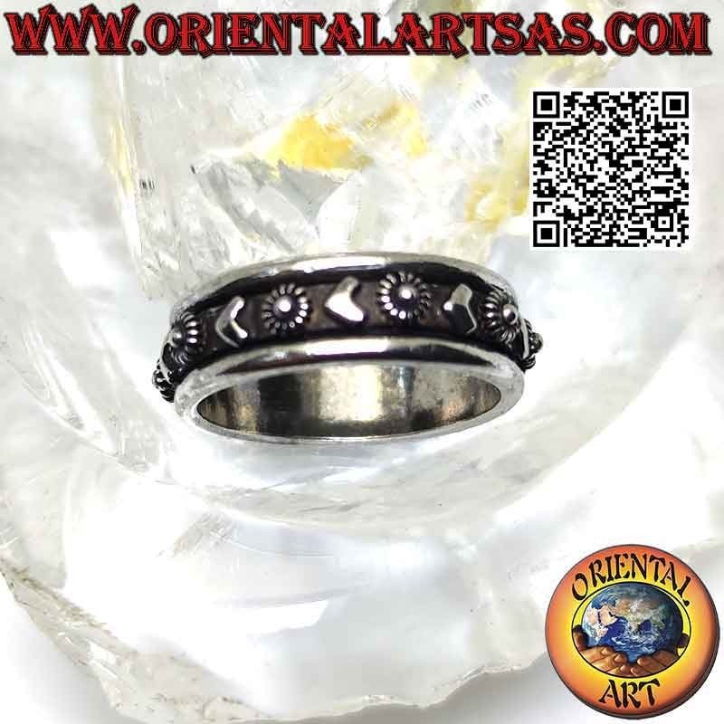 Bague en argent avec bande anti-stress, coeur lisse et fleur alternée