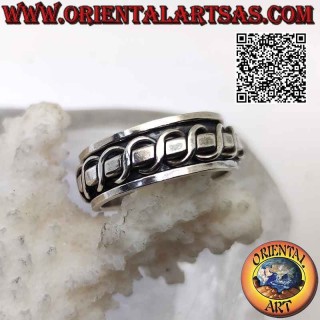 Anello in argento a fascia antistress, linea spessa liscia tra doppia onda alternata (seno e coseno)