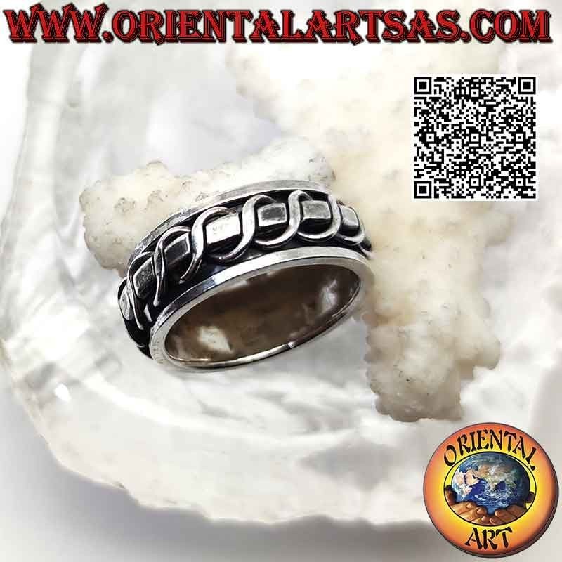Bague en argent avec bande anti-stress, ligne épaisse et lisse entre double onde alternée (sinus et cosinus)