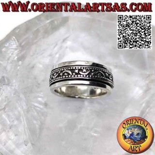 Bague en argent avec bande anti-stress, lunes et étoiles alternées en bas-relief