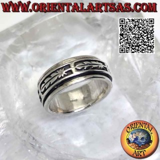 Silver ring with antistress band, horizontal bas-relief feathers