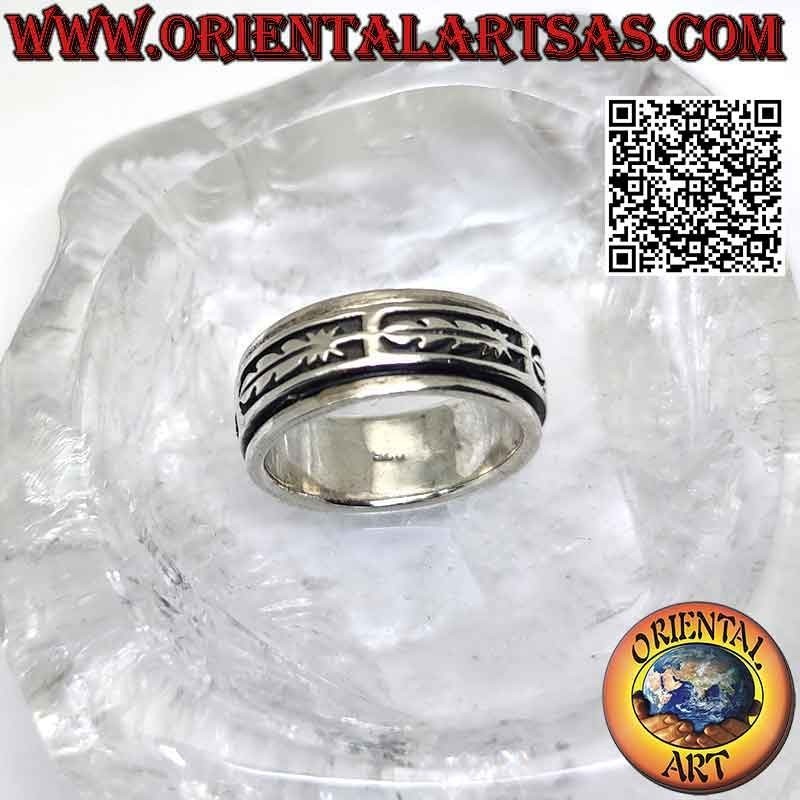 Silver ring with antistress band, horizontal bas-relief feathers