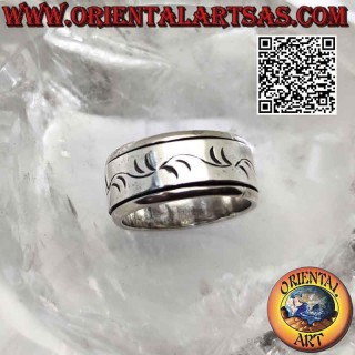Silberring mit Antistress-Band, Ohren und gravierten Blumenblättern