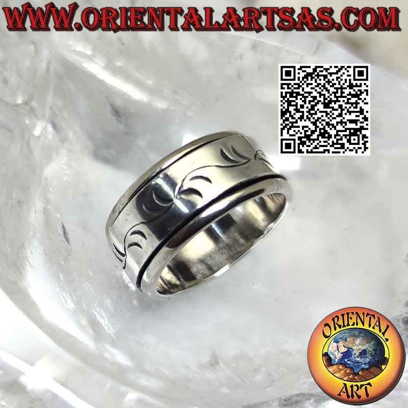 Anello in argento a fascia antistress, spighe e foglie floreali incise