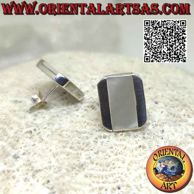 Silver lobe earrings with rectangular mother-of-pearl flush and smooth beveled edge on two sides