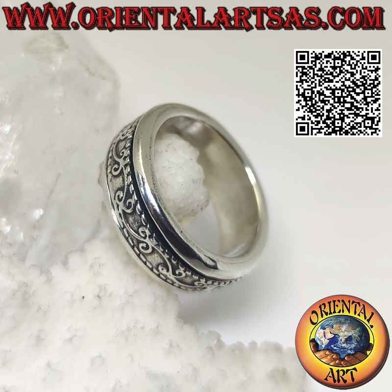 Bague en argent avec bande anti-stress, brindille de lierre en mouvement sinueux en bas-relief