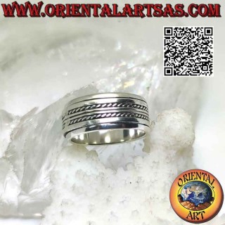 Anillo de plata con banda antiestrés, doble línea lisa entre entrelazados