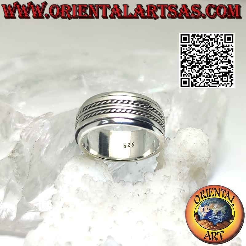 Bague en argent avec bande anti-stress, double ligne lisse entre entrelacs