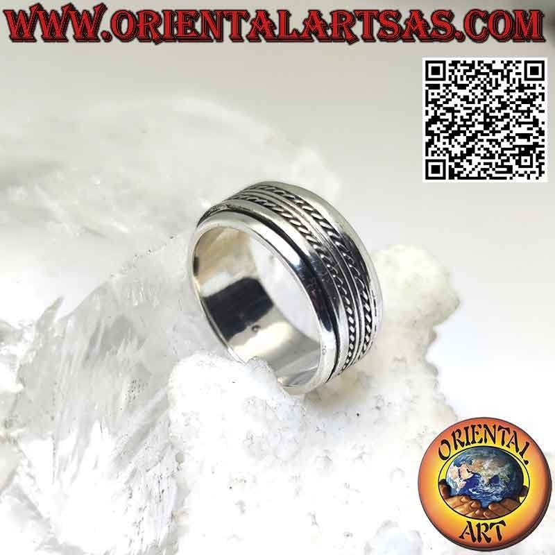Anillo de plata con banda antiestrés, doble línea lisa entre entrelazados