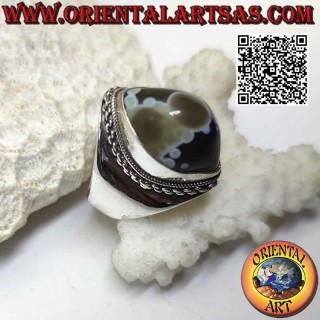 Bague en argent avec agate navette œil de Shiva (troisième œil) et bord de chaîne sur sertissage lisse (h)