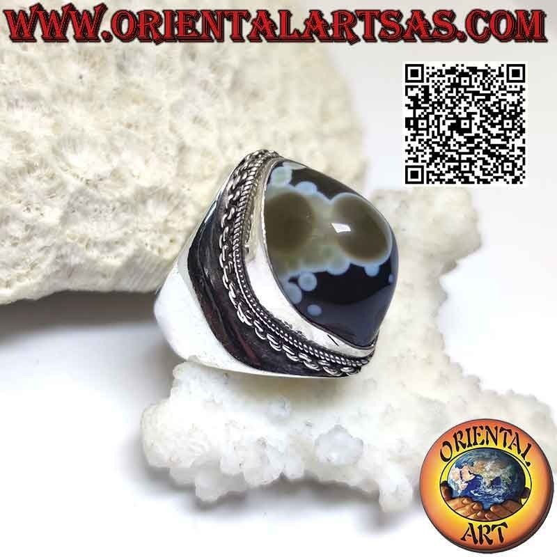 Anillo de plata con ágata lanzadera ojo de Shiva (tercer ojo) y borde de cadena en engaste liso (h)