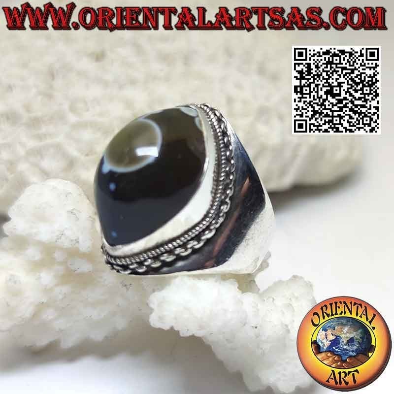 Anillo de plata con ágata lanzadera ojo de Shiva (tercer ojo) y borde de cadena en engaste liso (h)