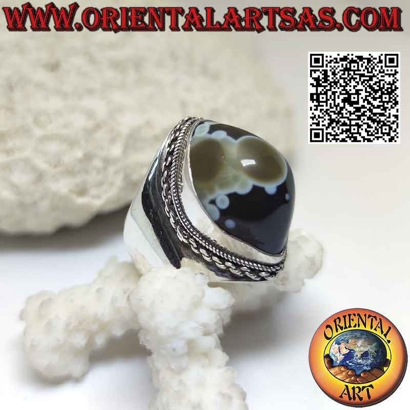 Anillo de plata con ágata lanzadera ojo de Shiva (tercer ojo) y borde de cadena en engaste liso (h)