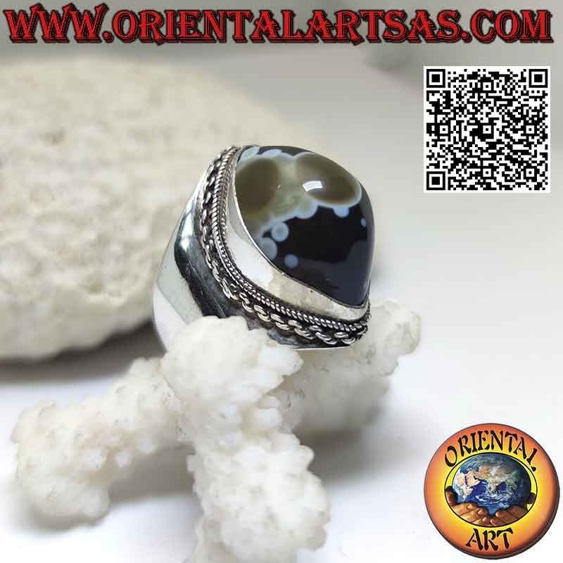 Silberring mit Shiva-Auge (drittes Auge), Schiffchenachat und Kettenrand an glatter Fassung (h)