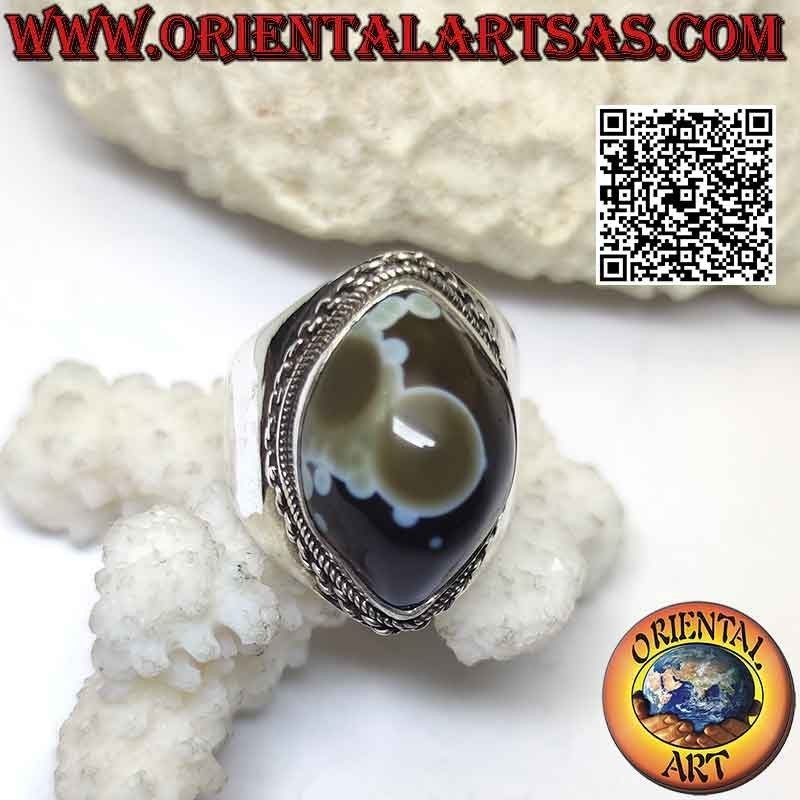 Anillo de plata con ágata lanzadera ojo de Shiva (tercer ojo) y borde de cadena en engaste liso (h)