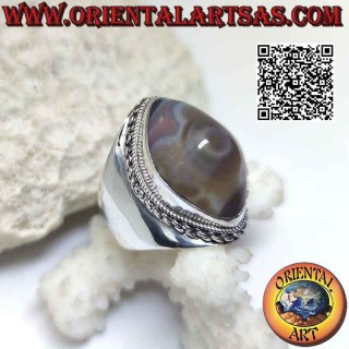 Bague en argent avec agate navette oeil de Shiva (troisième oeil) et bord chaînette sur serti(s) lisse(s)