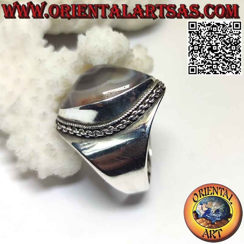 Anillo de plata con ojo de Shiva (tercer ojo) lanzadera de ágata y borde de cadena en engaste suave (s)