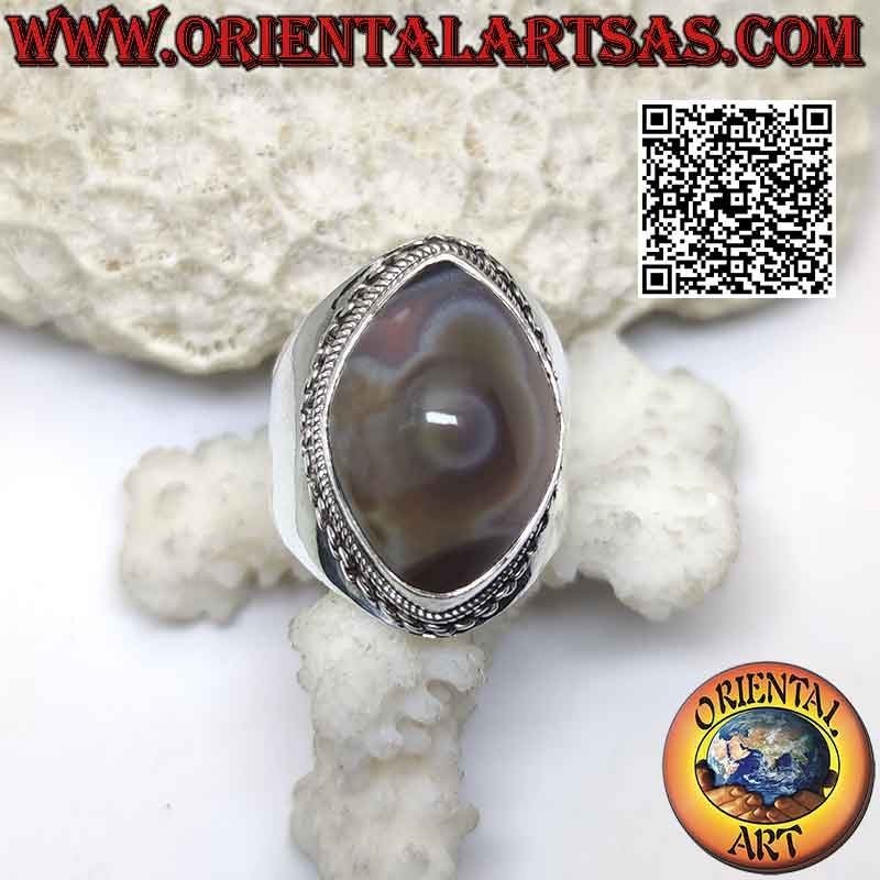 Bague en argent avec agate navette oeil de Shiva (troisième oeil) et bord chaînette sur serti(s) lisse(s)