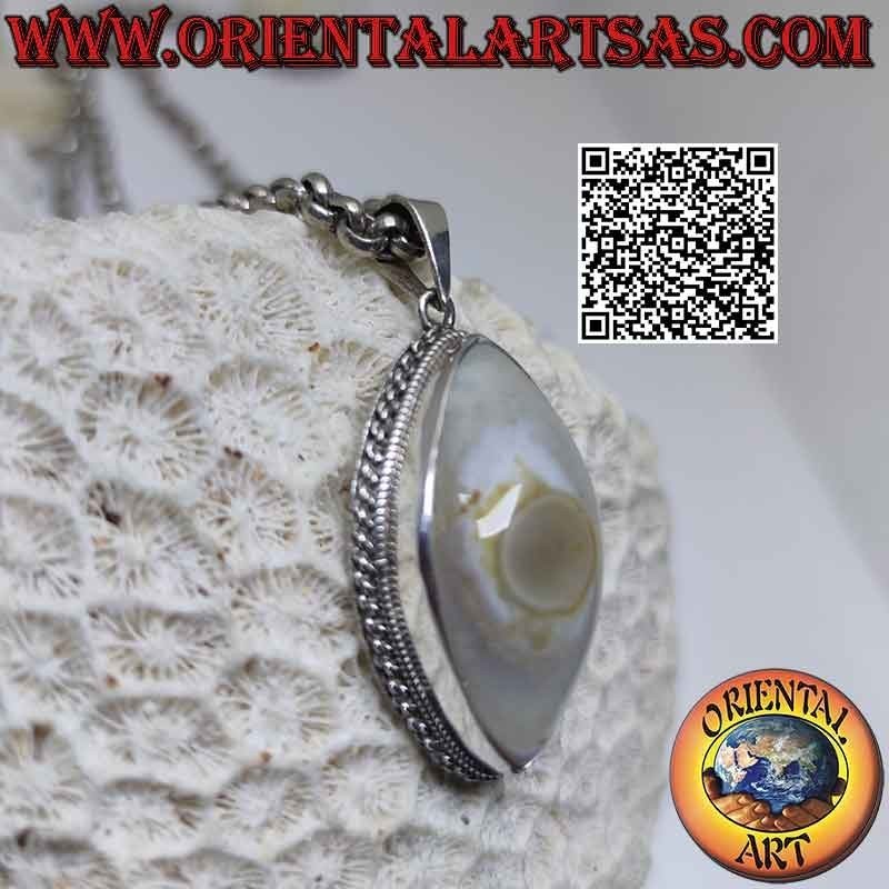 Silver pendant with Shiva's eye (third eye) shuttle agate and chain edge on smooth setting (s)
