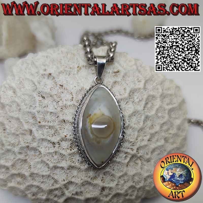 Ciondolo in argento con agata occhio di Shiva (terzo occhio) a navetta e bordo a catena su montatura liscia (i)
