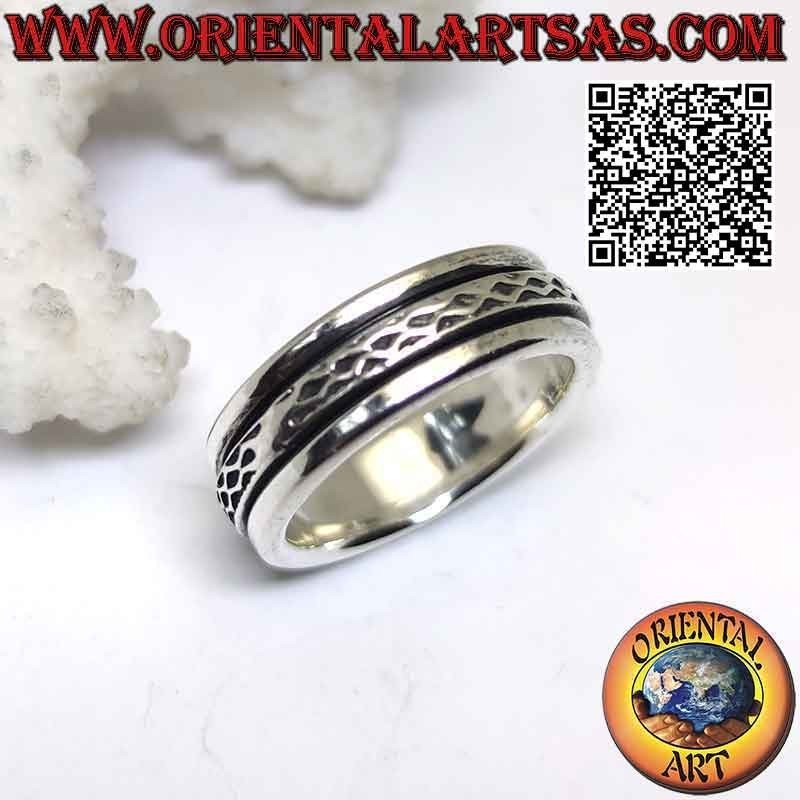 Silver ring with antistress band, double wavy line placed asymmetrically in bas-relief