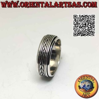 Bague en argent avec bande anti-stress, entrelacement symétrique de lignes doubles