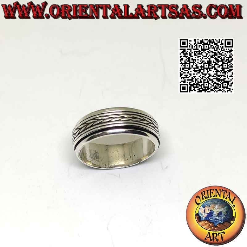 Silver ring with antistress band, symmetrical interweaving of double lines