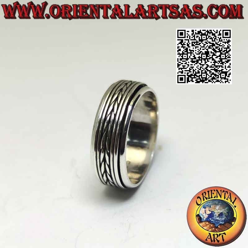 Bague en argent avec bande anti-stress, entrelacement symétrique de lignes doubles