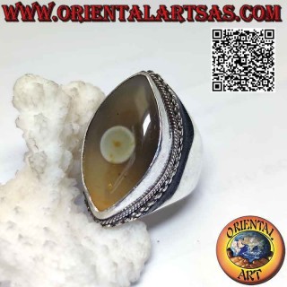 Bague en argent avec agate navette œil de Shiva (troisième œil) et bord de chaîne sur serti lisse (j)