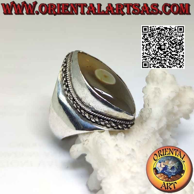 Bague en argent avec agate navette œil de Shiva (troisième œil) et bord de chaîne sur serti lisse (j)