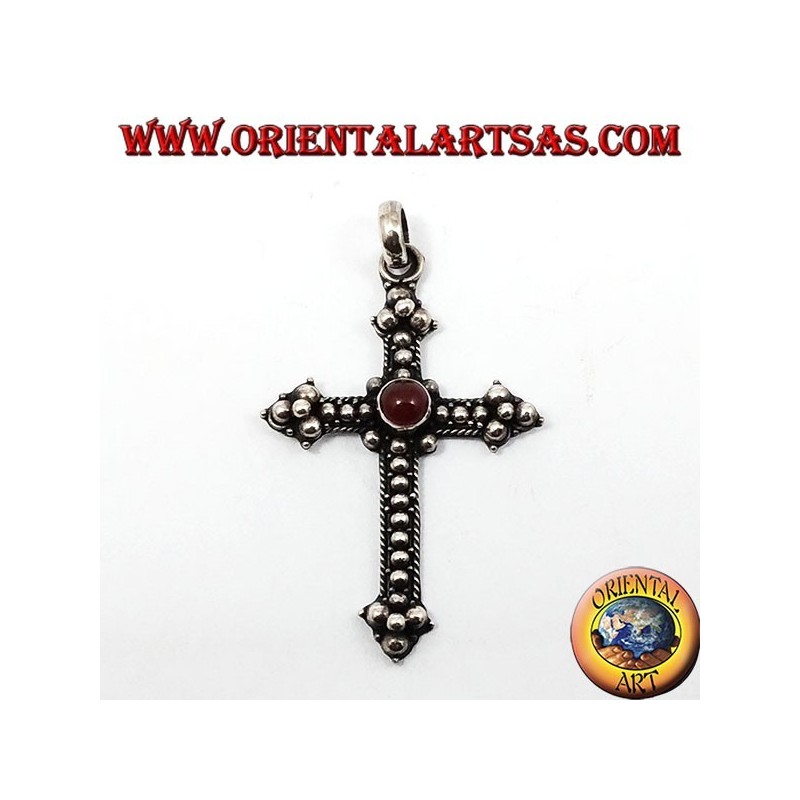 Silver pendant, cross with carnelian