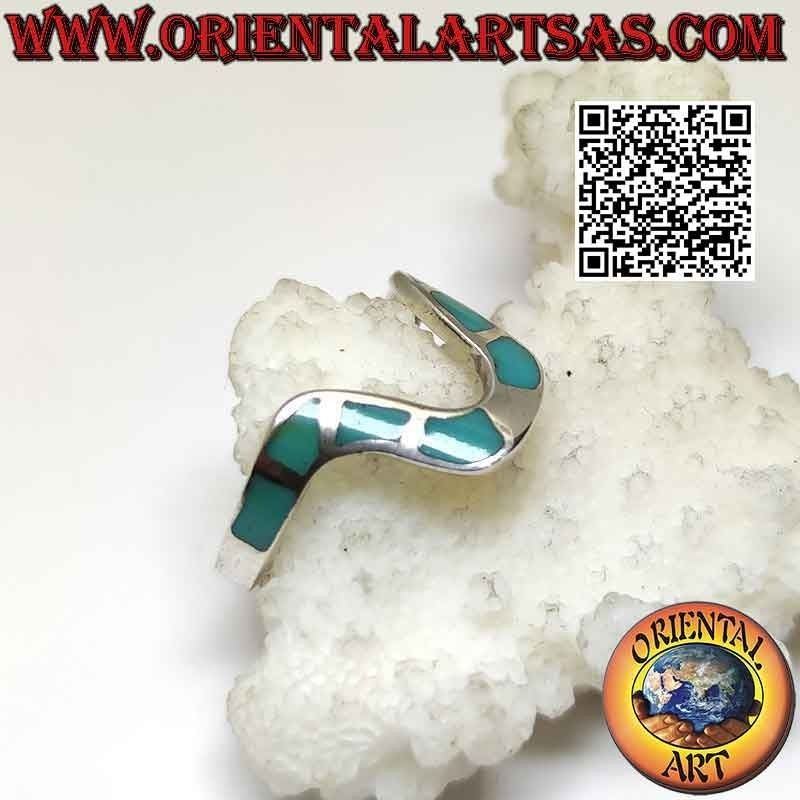 Large central wave silver ring with turquoise inserts