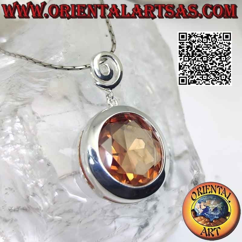Ciondolo in argento con gancio a spirale e grande zircone champagne tondo sfaccettato a filo bordo liscio