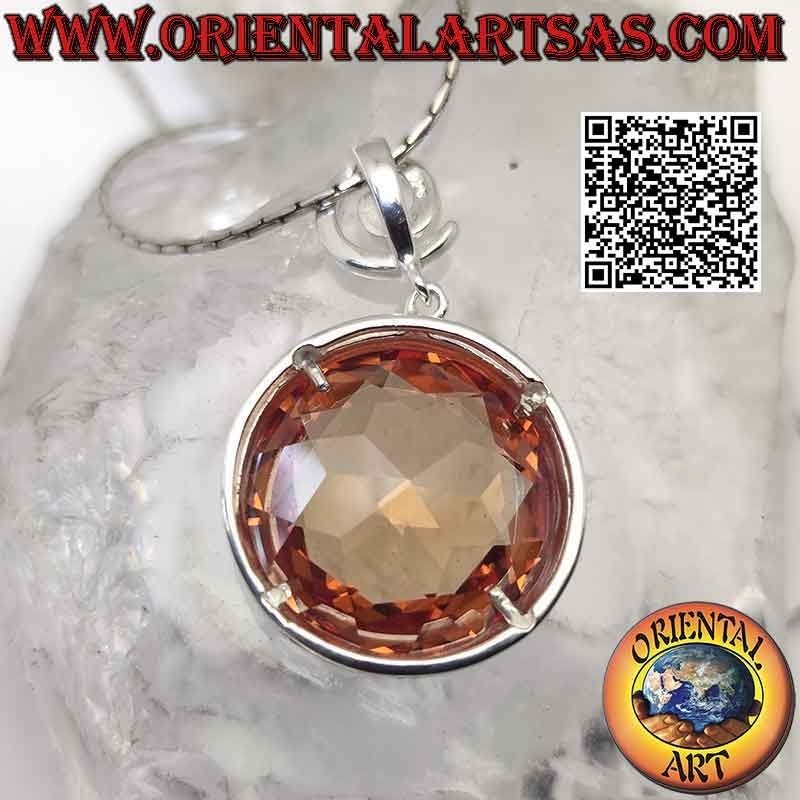 Silver pendant with spiral hook and large round faceted champagne zircon with smooth edge